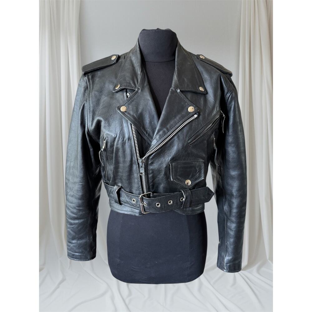 Women's Vintage Cropped Leather Motorcycle Jacket, Medium